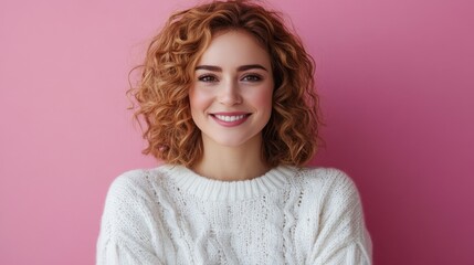 Fototapeta premium Happy woman with curly hair smiles warmly.