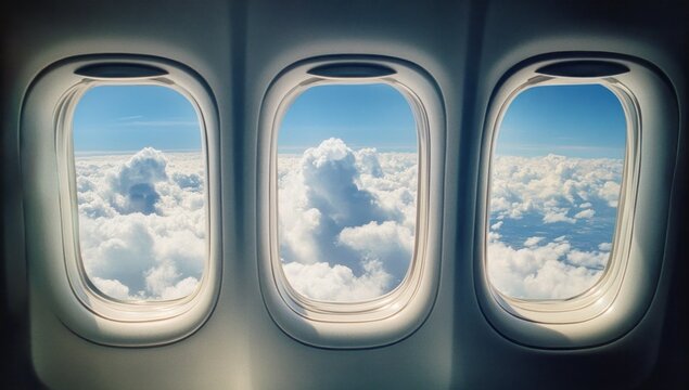 Airplane window view of fluffy clouds (1)