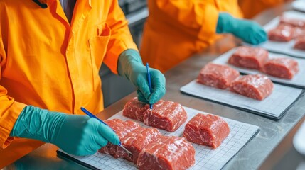 Workers in orange uniforms package fresh meat, ensuring hygiene and precision in a processing facility.