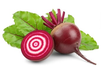 A whole beet and a sliced beet with green leaves on a white background in a studio shot view