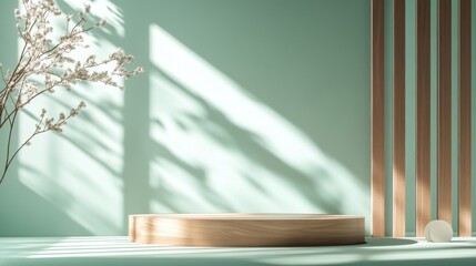 Serene Wooden Display Platform with Soft Lighting.