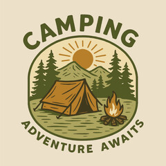 Camping Adventure Illustration with Tent, Campfire, and Mountain Landscape