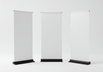 Three white blank roll up banner stands with black bases in a clean studio setting for mockups and designs