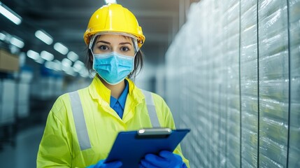 A woman in a safety helmet and mask holds a clipboard in a warehouse, surrounded by stacked materials, emphasizing workplace safety and diligence.