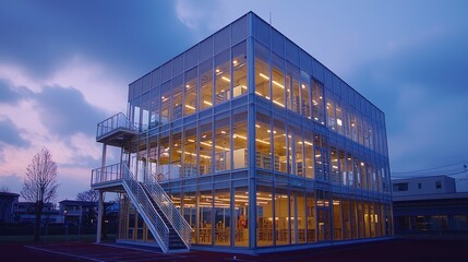 Obraz premium Modern Glass Building At Dusk Evening Light