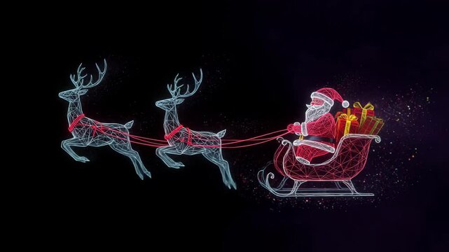 AI Generated Animation Abstract Polygonal Neon Style  Santa Claus Sleigh With Reindeer