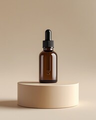 Naklejka premium Minimalist amber glass dropper bottle with blank label on beige pedestal for cosmetic or skincare product branding presentation