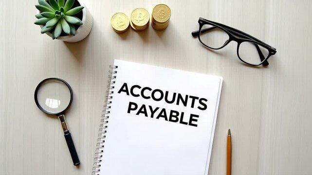 Accounts payable concept. Amount of money a company owes to its suppliers or creditors for goods and services received but not yet paid for. Notebook with inscription, stacks of coin, magnifying glass