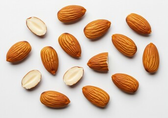 Scattered almonds on a white surface with some almonds cut in half and showing the inner part