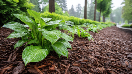 Lush green plants thrive in rain soaked mulch bed, protecting their roots and retaining moisture, creating serene garden atmosphere