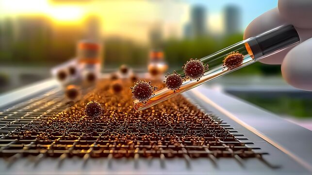Virus particles in a test tube over a grid, illuminated by sunset light