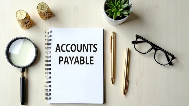 Accounts payable concept. Amount of money a company owes to its suppliers or creditors for goods and services received but not yet paid for. Notebook with inscription, stacks of coin, magnifying glass