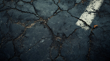 Obraz premium A cracked asphalt surface with dirt embedded in the cracks and faded road lines