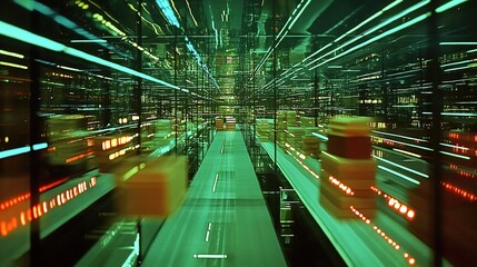 A fully automated warehouse optimizing product sorting and shipping.