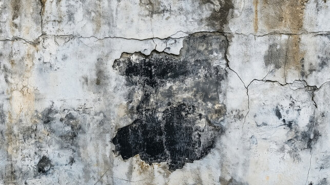 A decayed concrete wall background with soot marks, fractures, and peeling surface