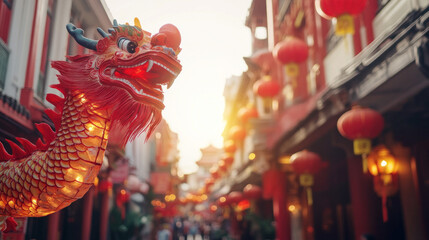 A dragon is on display in a city street with many lanterns hanging overhead. The dragon is red and has a glowing light on its head. The lanterns are hanging from the buildings