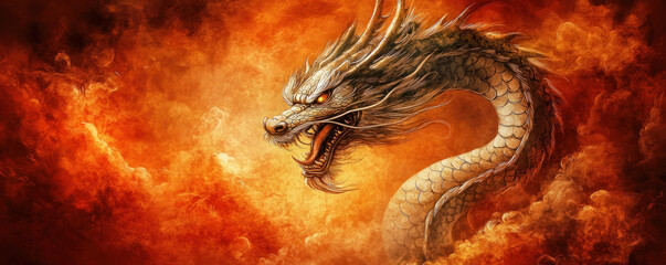 A dragon with a long neck and a mouth open, with orange clouds in the background. The dragon is surrounded by a fiery orange background, giving the impression of a fiery and powerful creature