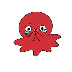 A red octopus is crying and has its face covered in slime