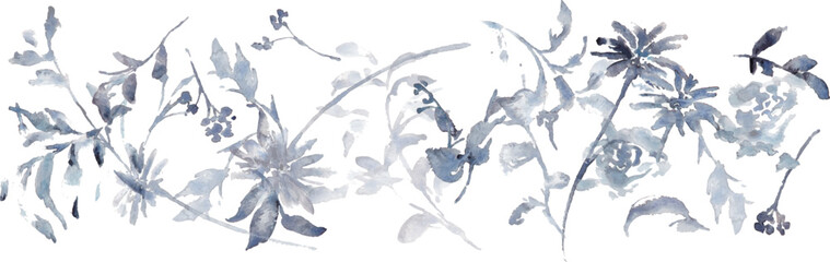 水彩画。水彩タッチののモノクロベクター草木イラスト。シンプルな草木装飾フレーム。Watercolor painting. Black and white vector illustration of plants and trees with watercolor touch. Simple grass tree decorative frame.