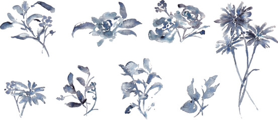 Fototapeta premium 水彩画。水彩タッチののモノクロベクター草木イラスト。シンプルな草木装飾フレーム。Watercolor painting. Black and white vector illustration of plants and trees with watercolor touch. Simple grass tree decorative frame.