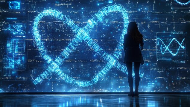 A woman stands before a large screen displaying a mesmerizing digital DNA strand, glowing with vibrant blue light. Futuristic technology meets genetic science. - Powered by Adobe