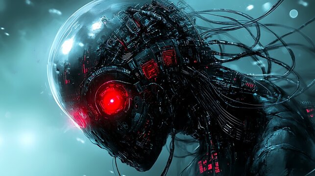 Futuristic biomechanical alien with glowing red eye and extended data cables, symbolizing artificial consciousness, alien intelligence and deep tech integration

