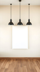 Blank horizontal poster mockup hanging on a beige wall under three black lamps in a minimalist interior with wooden floor and soft lighting.