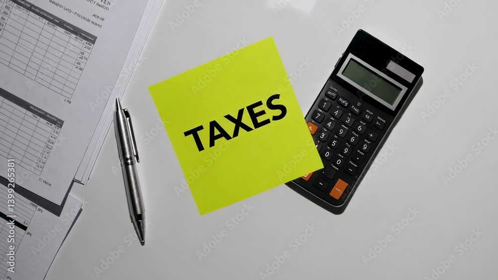 Poster multiple views of a desk with a calculator, pen, and financial documents, emphasizing the concept of