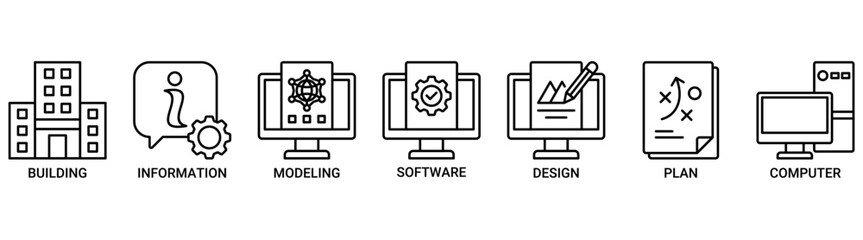Building information modeling icon set. Containing icon of building, information, modeling, software, design, plan, and computer icons. Outline vector symbol background.