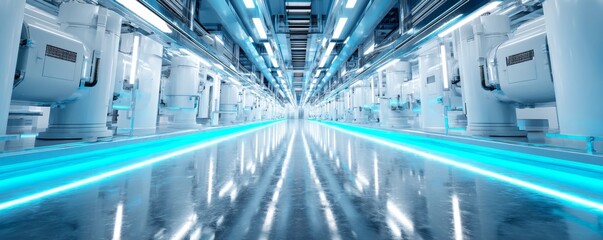 Futuristic Industrial Space with Neon Lights and Sleek Design