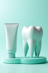 Toothpaste and tooth model dental care display studio minimalist close-up hygiene concept