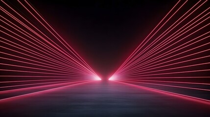 A dark, atmospheric scene featuring numerous parallel pink neon lines converging at a vanishing point in the distance, creating an illusion of depth and perspective on a sleek, dark surface.