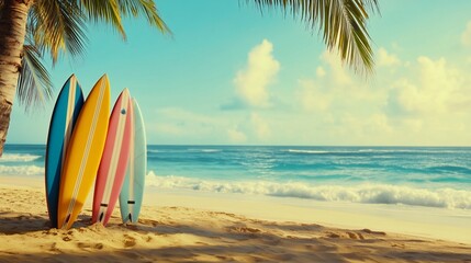 Vibrant Surfboards Stand Ready on a Tropical Beach Paradise Awaiting Thrilling Ocean Waves