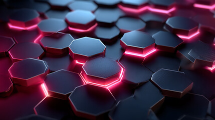 Fototapeta premium Futuristic hexagon pattern with neon light in a 3d technology environment and glowing grid background