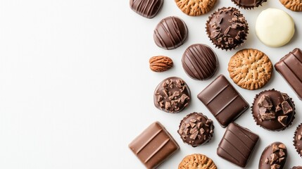 A white background with a variety of chocolate and cookie treats