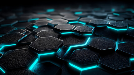 Obraz premium Futuristic hexagon pattern with neon light and glowing grid in 3d technology environment