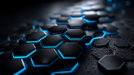 Fototapeta premium Futuristic technology event with neon lights and hexagon patterns in a glowing grid background