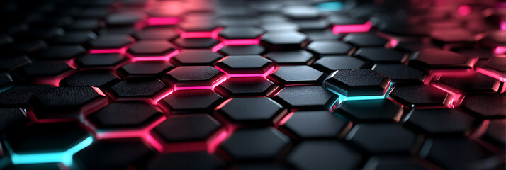 Obraz premium Futuristic neon light hexagon pattern 3d technology glowing grid in a dynamic environment