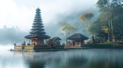 Obraz premium Ulun Danu Beratan Temple, Bali: A Misty Morning on Lake Bratan