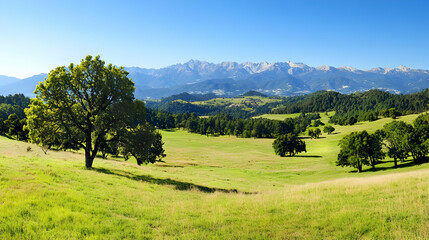 Rolling Hills And Grassy Meadow With Oak Trees Under Sunny Sky