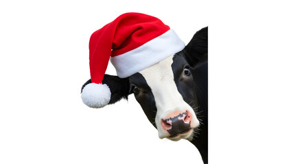 A close-up of a black and white cow's head peeking around a vertical white surface