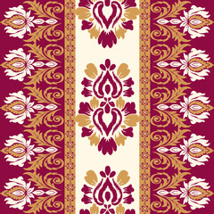 Ikat seamless floral pattern on red golden brown tone , Motif ethnic floral seamless textil, embroidery, print striped ornament floral, pattern, design for wrapping, silk, scarf, background, text