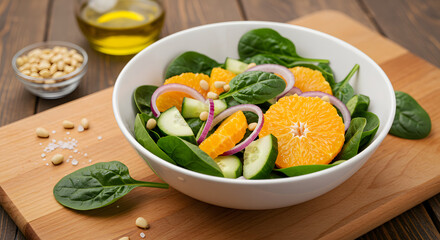 Fresh salad in a bright white bowl on a natural wood cutting board ai image