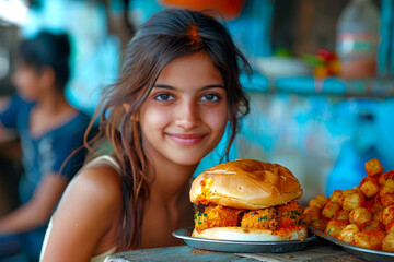 Amidst the vibrant chaos of a street food market, an Indian girl delights in a plate of spicy vada pav, the crispy potato fritter sandwich warming her from the inside out.