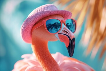 A flamingo in sunglasses and a hat enjoys a tropical vacation.  Pink and teal colors create a vibrant summer vibe.