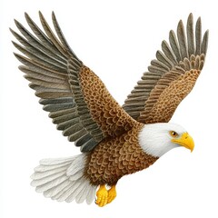 Obraz premium Detailed Illustration of a Bald Eagle in Flight Against White Background