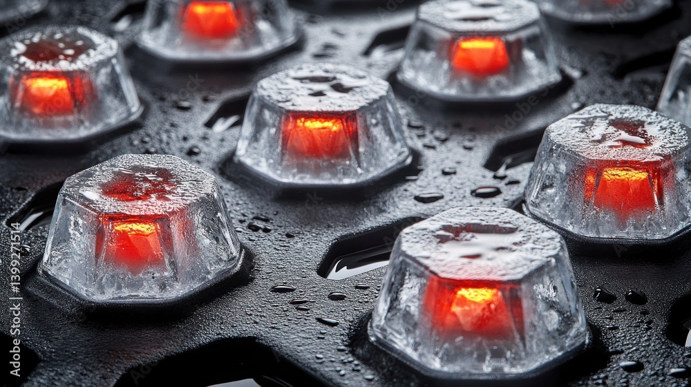 Poster close up view of illuminated ice like translucent structures