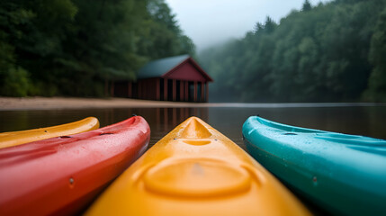 Three Kayaks on a Misty Lake by a Red Boathouse
