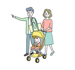 赤ちゃんとベビーカーでお出かけする夫婦のイラスト