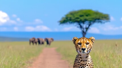 A cheetah stands in a grassy landscape with elephants walking in the background under a clear blue sky.